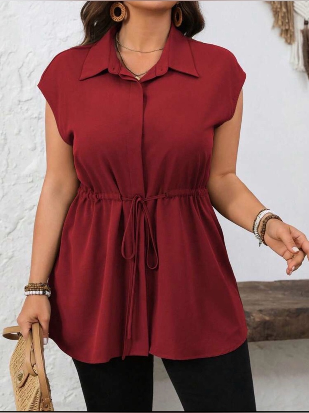 Classic Collared Drawstring Tunic Top - Red